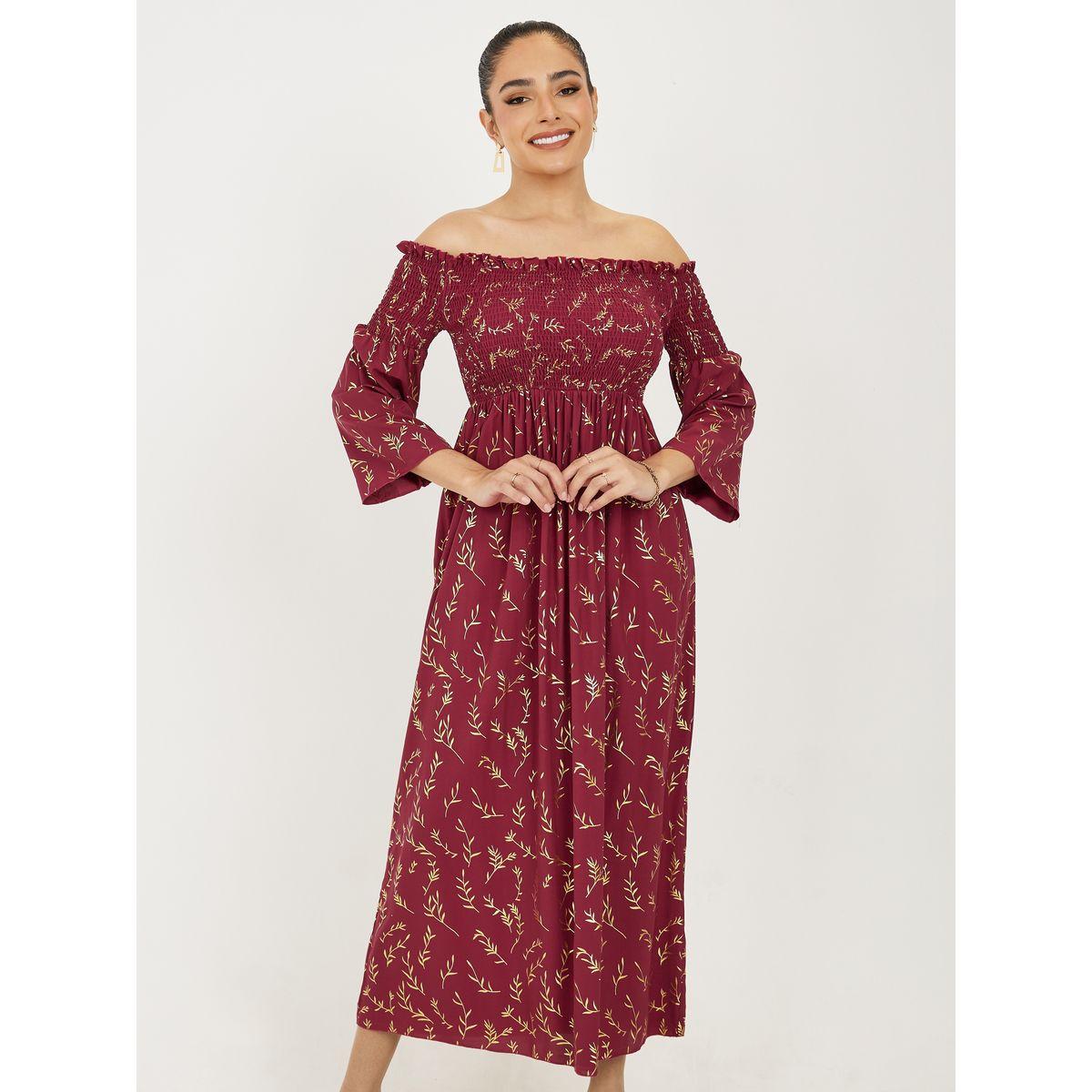 فستان ميدي بطبعة فويل واكتاف مكشوفة-women-clothing-dresses-image-2