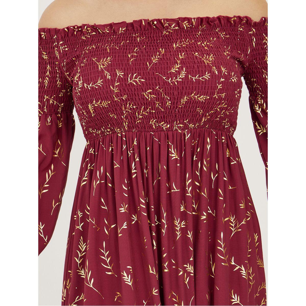 Styli Off Shoulder Neck Foil Print Midi Dress with 3/4 Sleeve-women-clothing-dresses-image-3