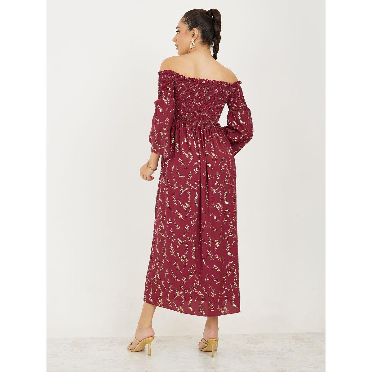 Styli Off Shoulder Neck Foil Print Midi Dress with 3/4 Sleeve-women-clothing-dresses-image-4