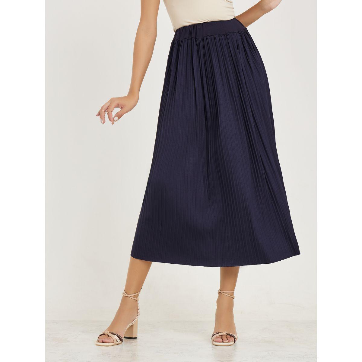 تنورة بليسيه ميدي سادة بخصر مطاطي-women-clothing-bottoms-skirts-image-1
