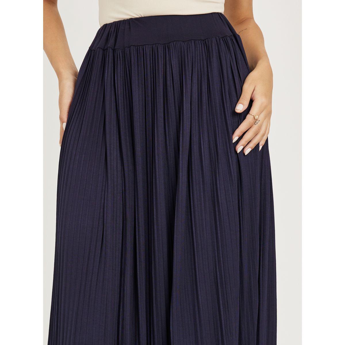 تنورة بليسيه ميدي سادة بخصر مطاطي-women-clothing-bottoms-skirts-image-3