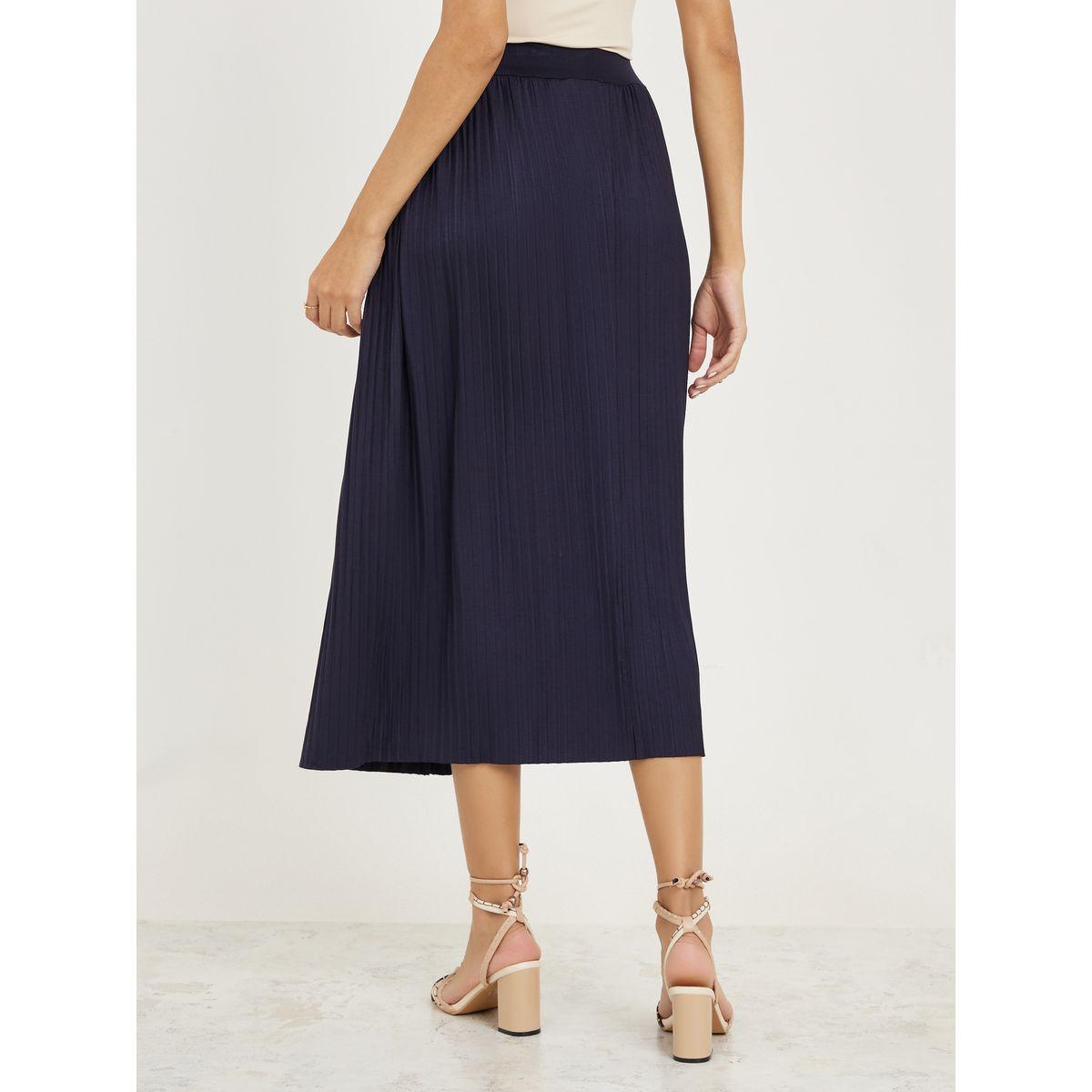 تنورة بليسيه ميدي سادة بخصر مطاطي-women-clothing-bottoms-skirts-image-4