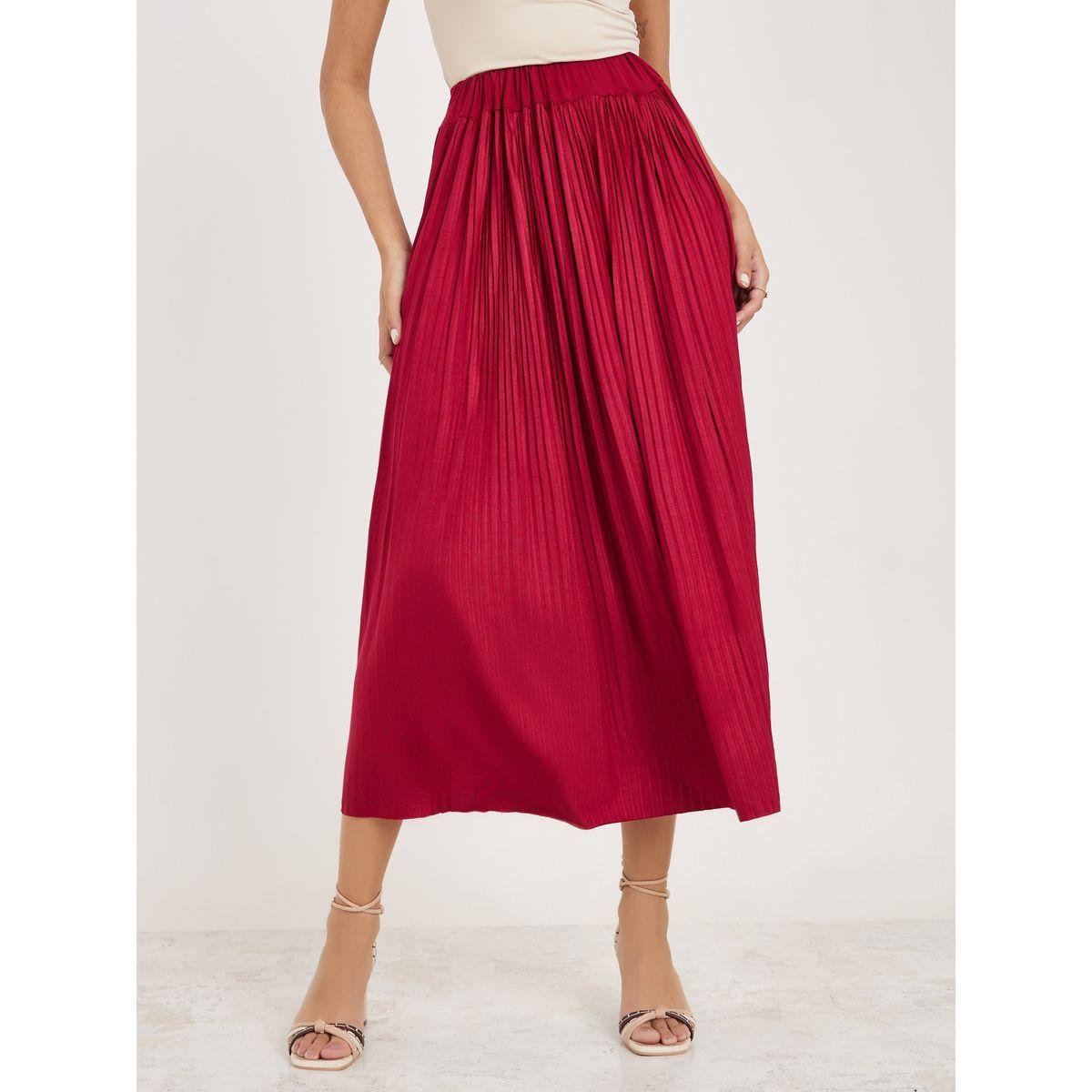 تنورة بليسيه ميدي سادة بخصر مطاطي-women-clothing-bottoms-skirts-image-1