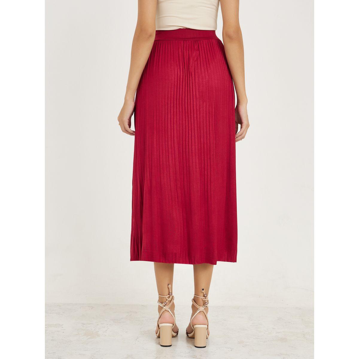 تنورة بليسيه ميدي سادة بخصر مطاطي-women-clothing-bottoms-skirts-image-4