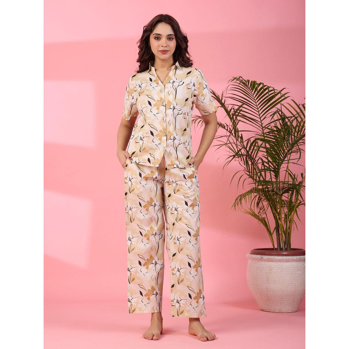 طقم من بنطال بيجاما مع بلوزة بطبعة زهور سانسكريتي هومز × ستايلي-women-clothing-nightwear-pyjamas-longsets-image-1
