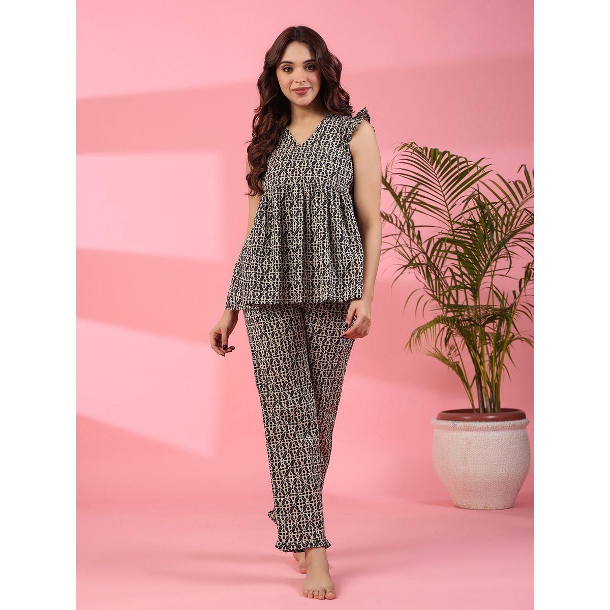 Sanskrutihomes X Styli  All Over Print Ruffle Sleeve Top & Pyjama Set-women-clothing-nightwear-pyjamas-longsets-image-1
