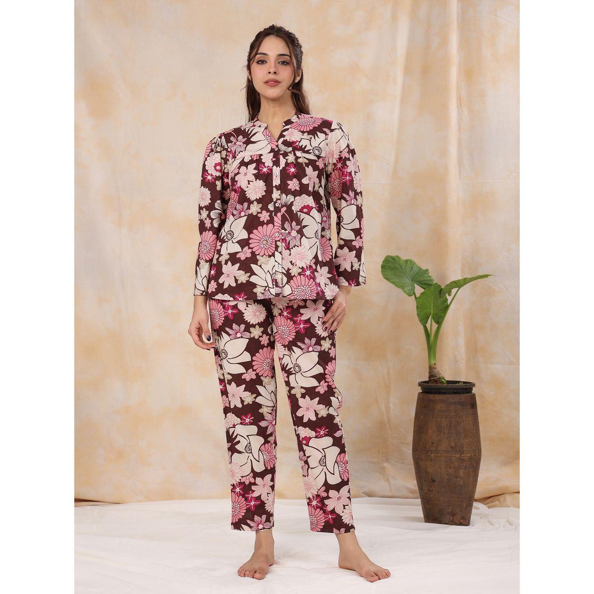 طقم من بنطال بيجاما مع بلوزة بطبعة زهور سانسكريتي هومز × ستايلي-women-clothing-nightwear-pyjamas-longsets-image-1