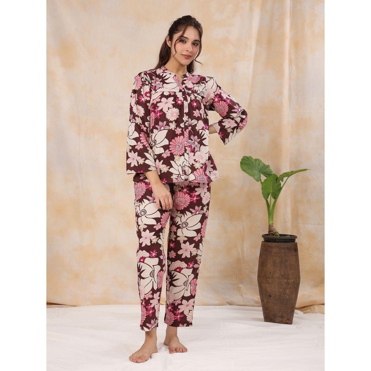 طقم من بنطال بيجاما مع بلوزة بطبعة زهور سانسكريتي هومز × ستايلي-women-clothing-nightwear-pyjamas-longsets-image-7