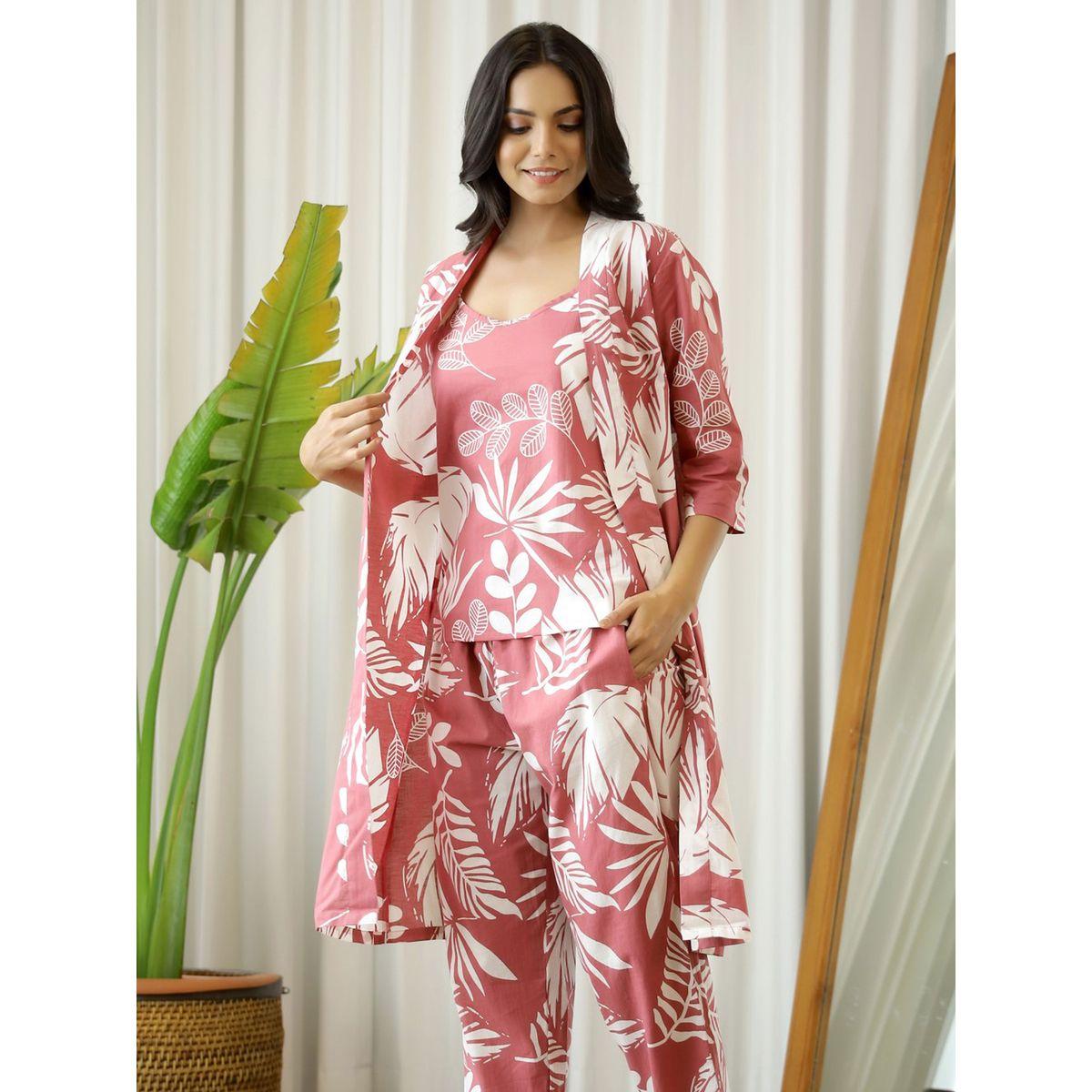 Sanskrutihomes X Styli  Pack of 3 - Cotton Tropical Print Cami, Robe & Pyjama-women-clothing-nightwear-pyjamas-longsets-image-3