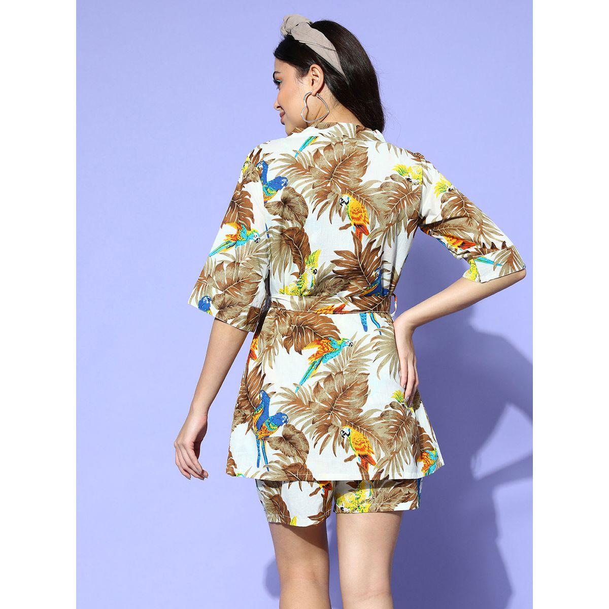 Sanskrutihomes X Styli  Pack of 3 - Tropical Print Cotton Cami, Shorts & Robe-women-clothing-nightwear-pyjamas-longsets-image-3