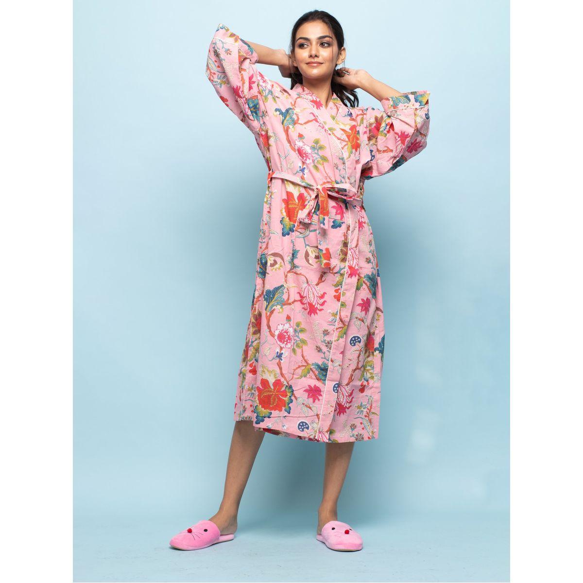 Sanskrutihomes X Styli  Cotton Floral Print Robe with Piping Detail-women-clothing-nightwear-nighties-image-1