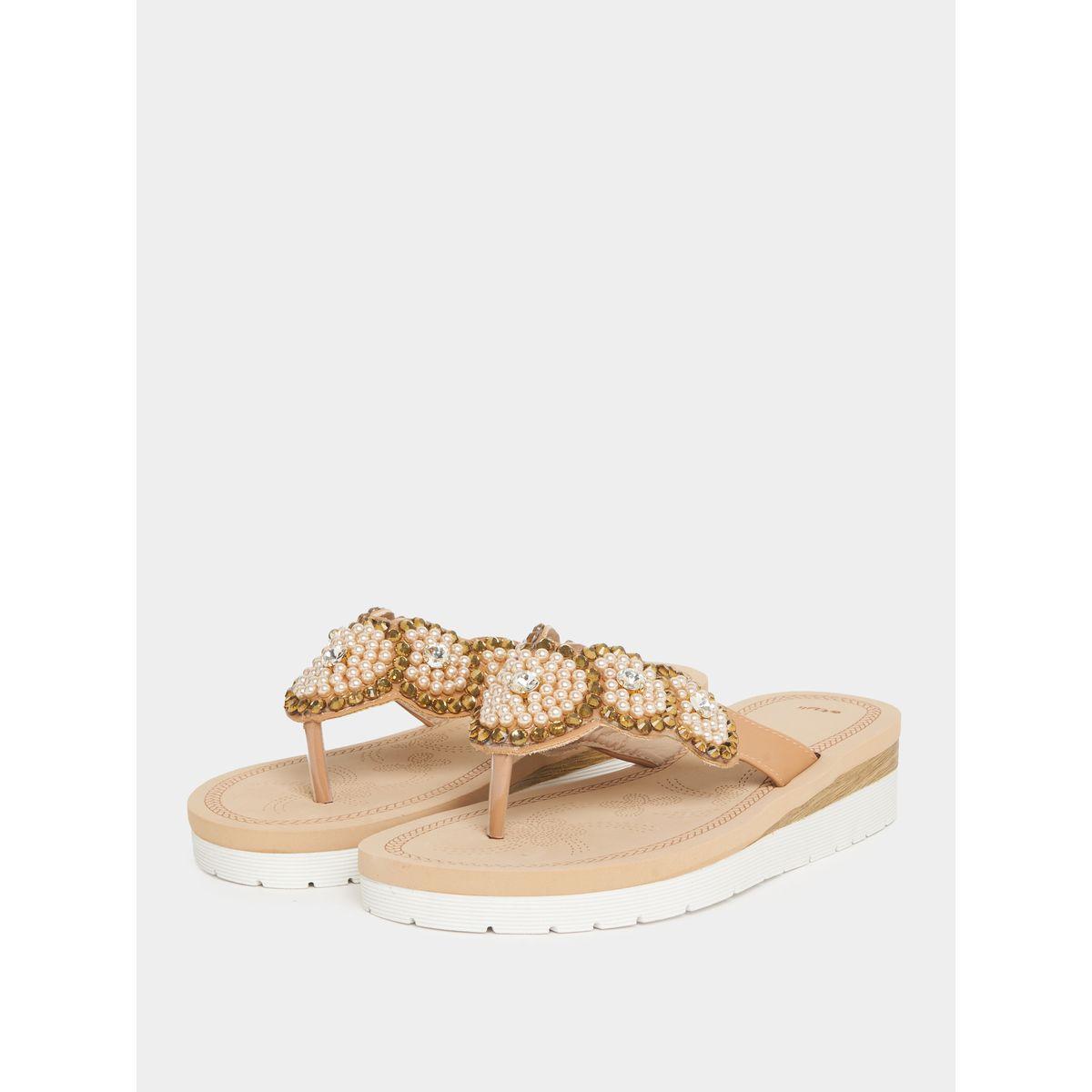 Styli Embellished Pearl Flower Pattern Flat Sandals-women-shoes-sandals-flats-image-3