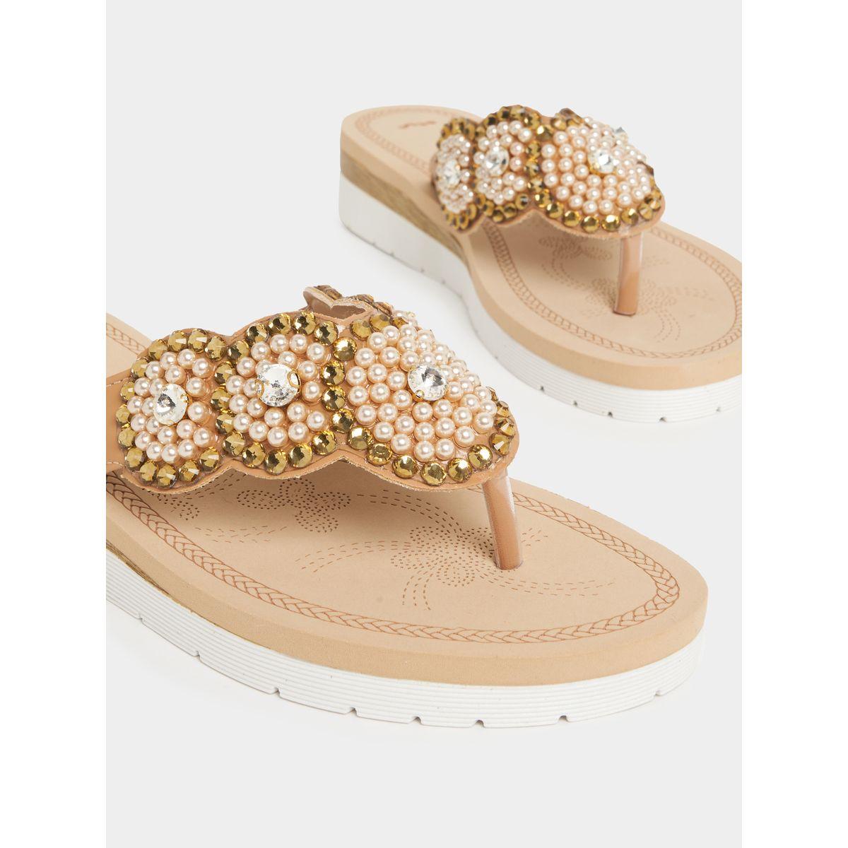 Styli Embellished Pearl Flower Pattern Flat Sandals-women-shoes-sandals-flats-image-4