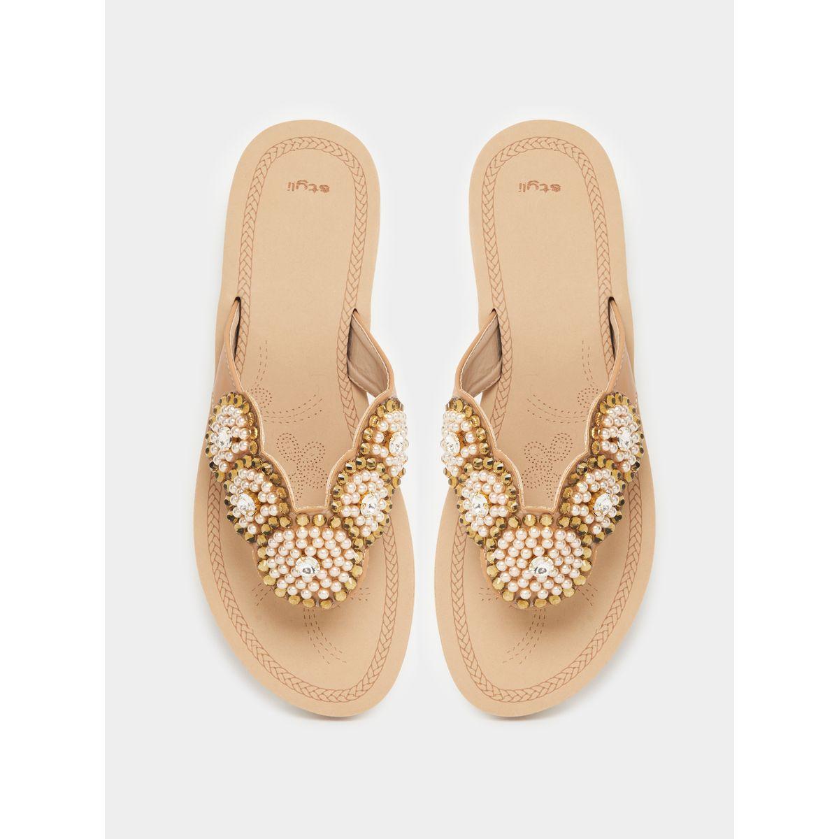 Styli Embellished Pearl Flower Pattern Flat Sandals-women-shoes-sandals-flats-image-6