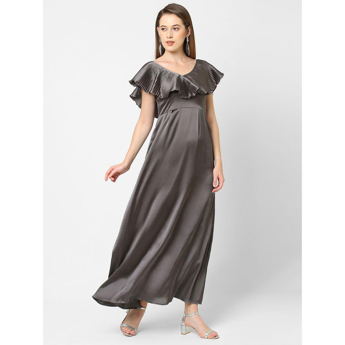 Mish X Styli  Solid Satin Maxi Dress with Plisse Cape Neck-women-clothing-dresses-image-2