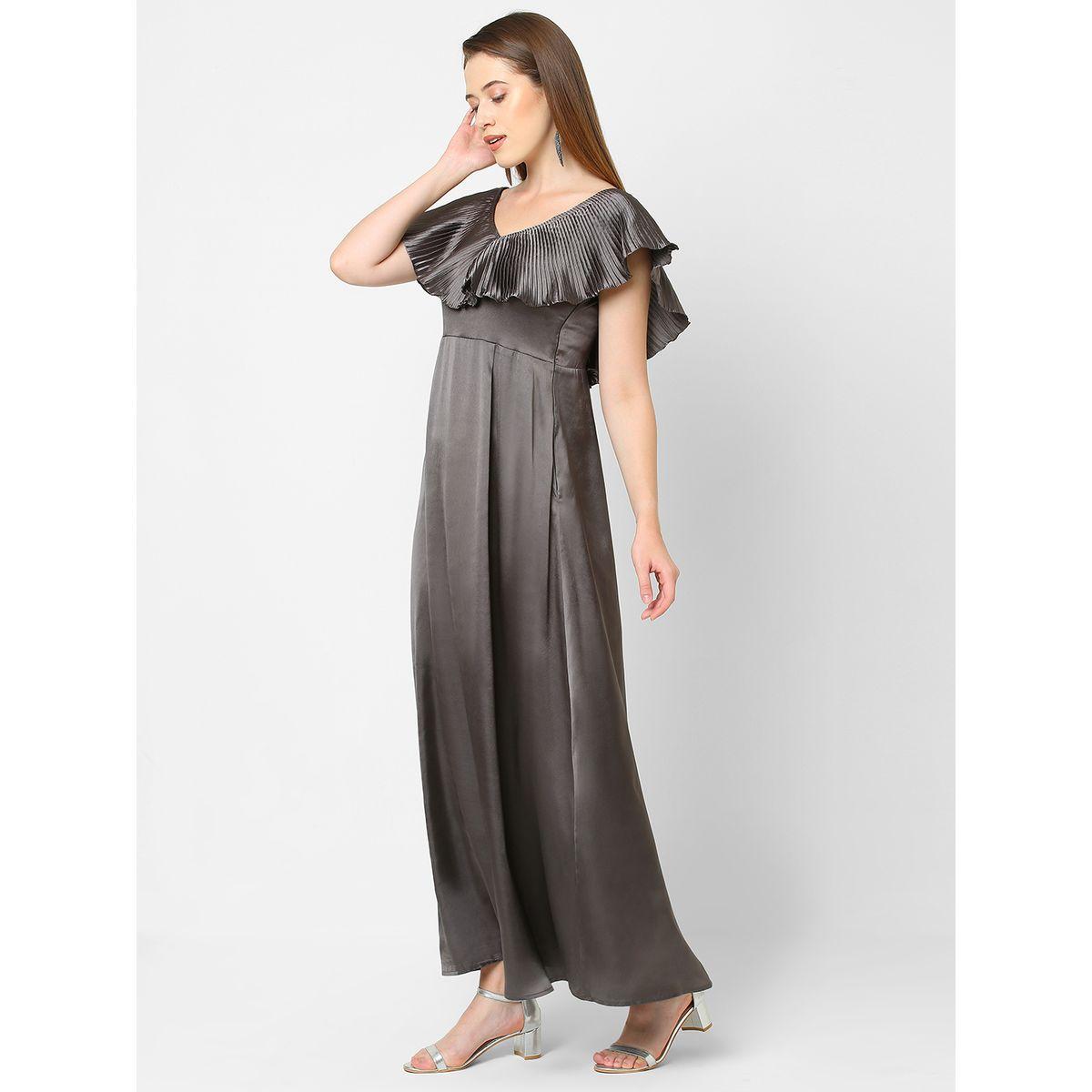 Mish X Styli  Solid Satin Maxi Dress with Plisse Cape Neck-women-clothing-dresses-image-3