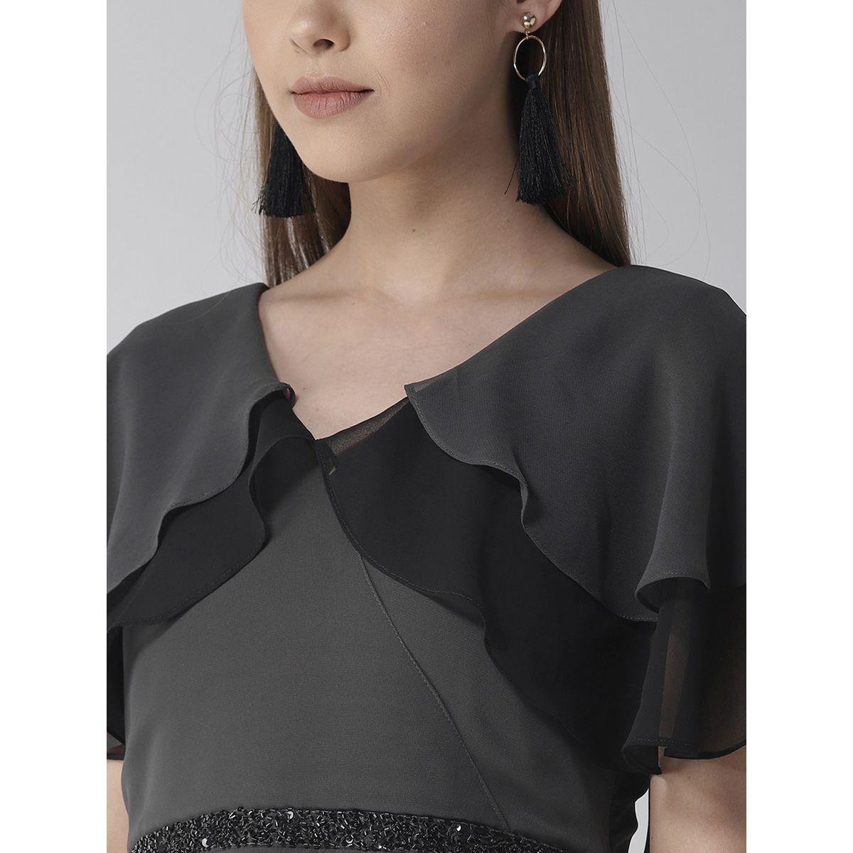 فستان طويل سادة جيورجيت مع اكمام رداء ميش × ستايلي-women-clothing-dresses-image-5