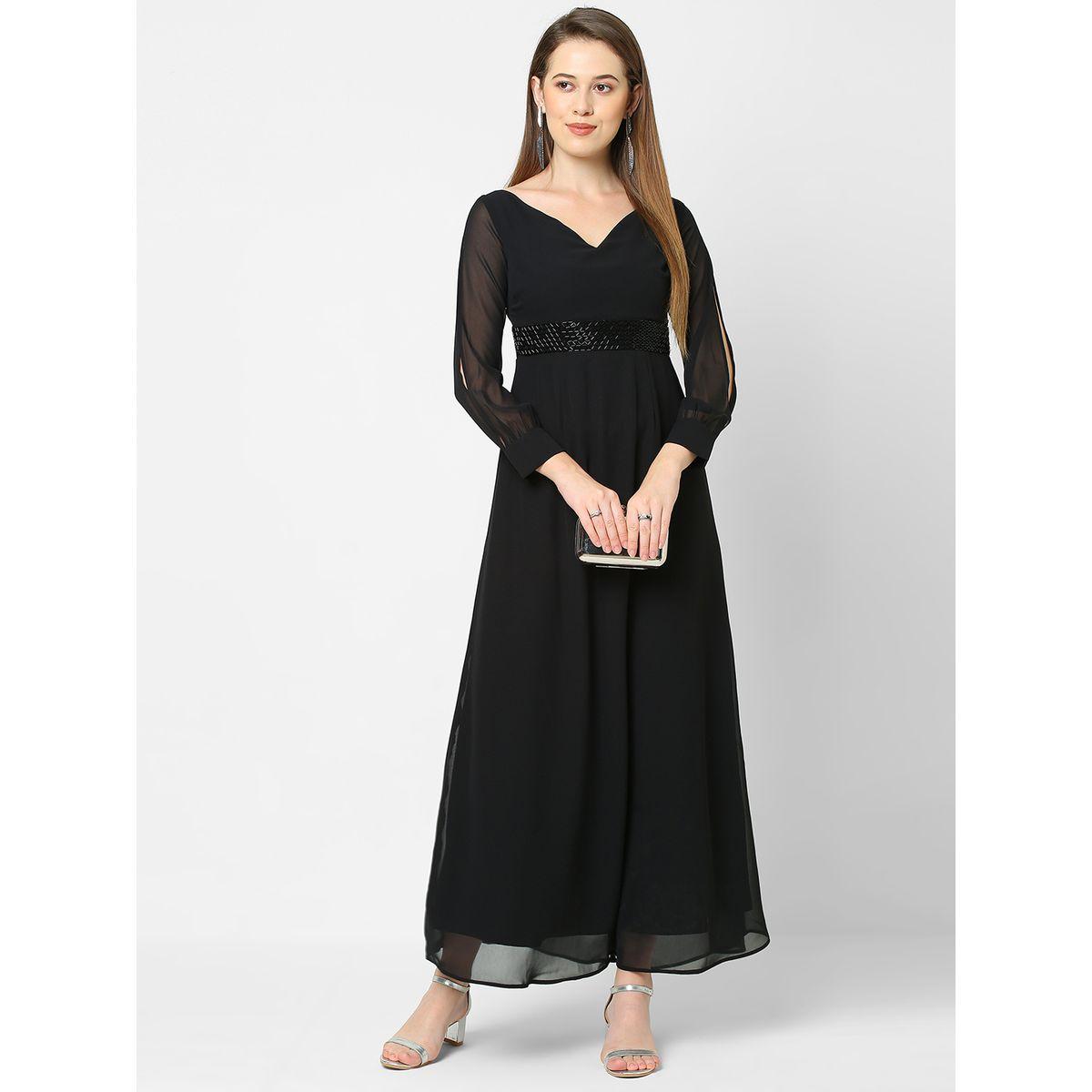فستان طويل سادة جيورجيت مع اكمام بشق ميش × ستايلي-women-clothing-dresses-image-1