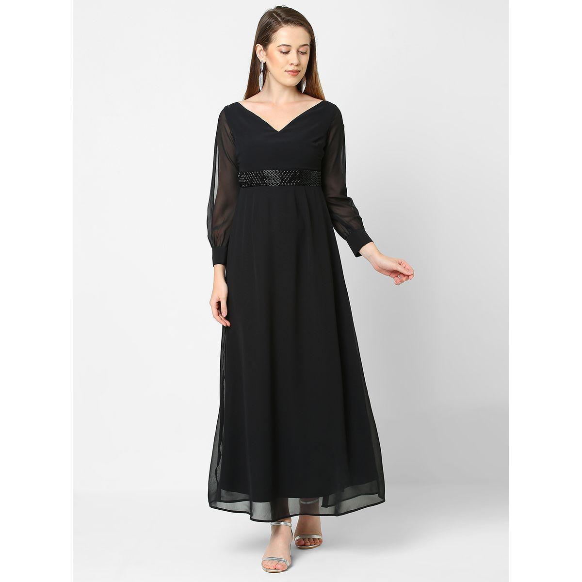 فستان طويل سادة جيورجيت مع اكمام بشق ميش × ستايلي-women-clothing-dresses-image-2