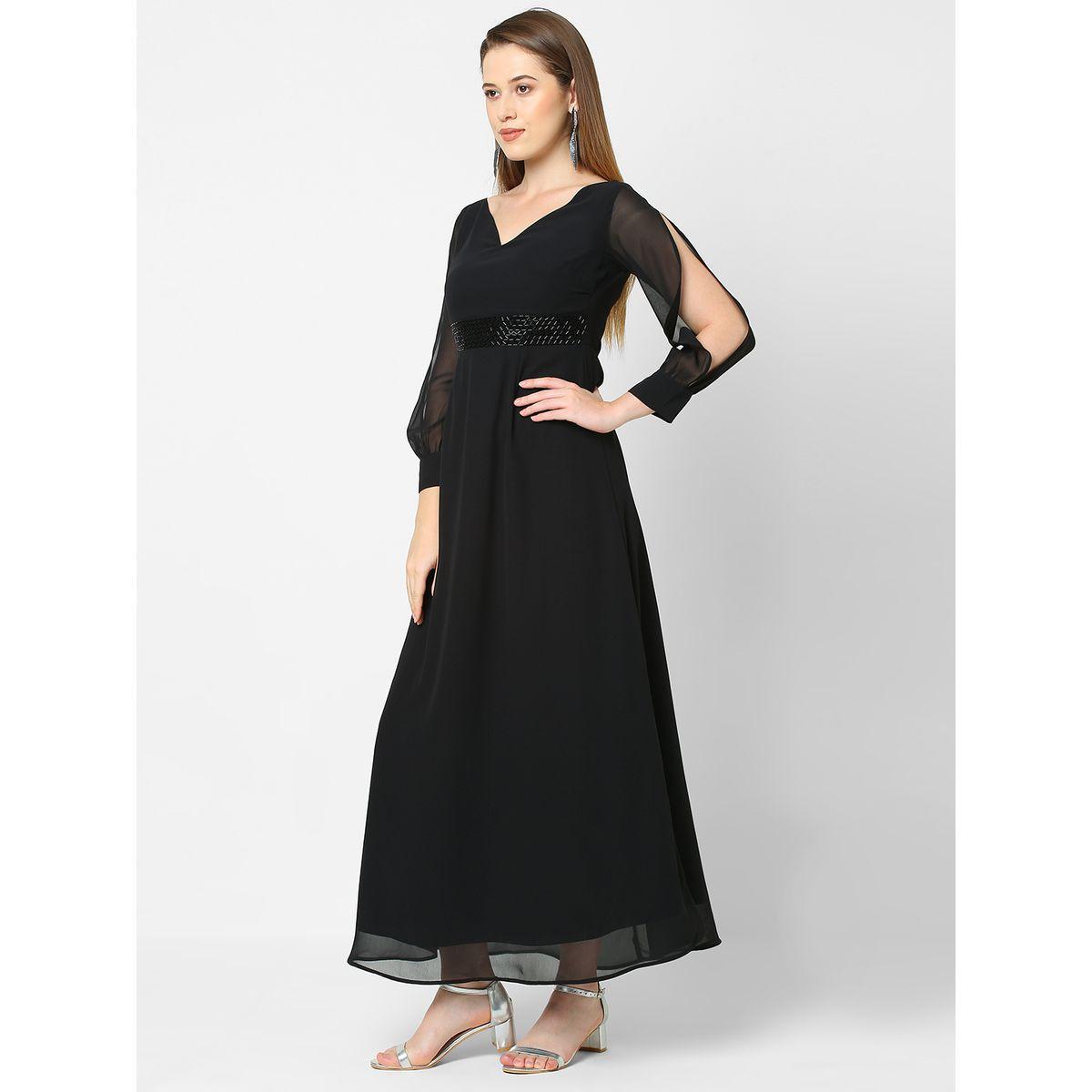 فستان طويل سادة جيورجيت مع اكمام بشق ميش × ستايلي-women-clothing-dresses-image-3