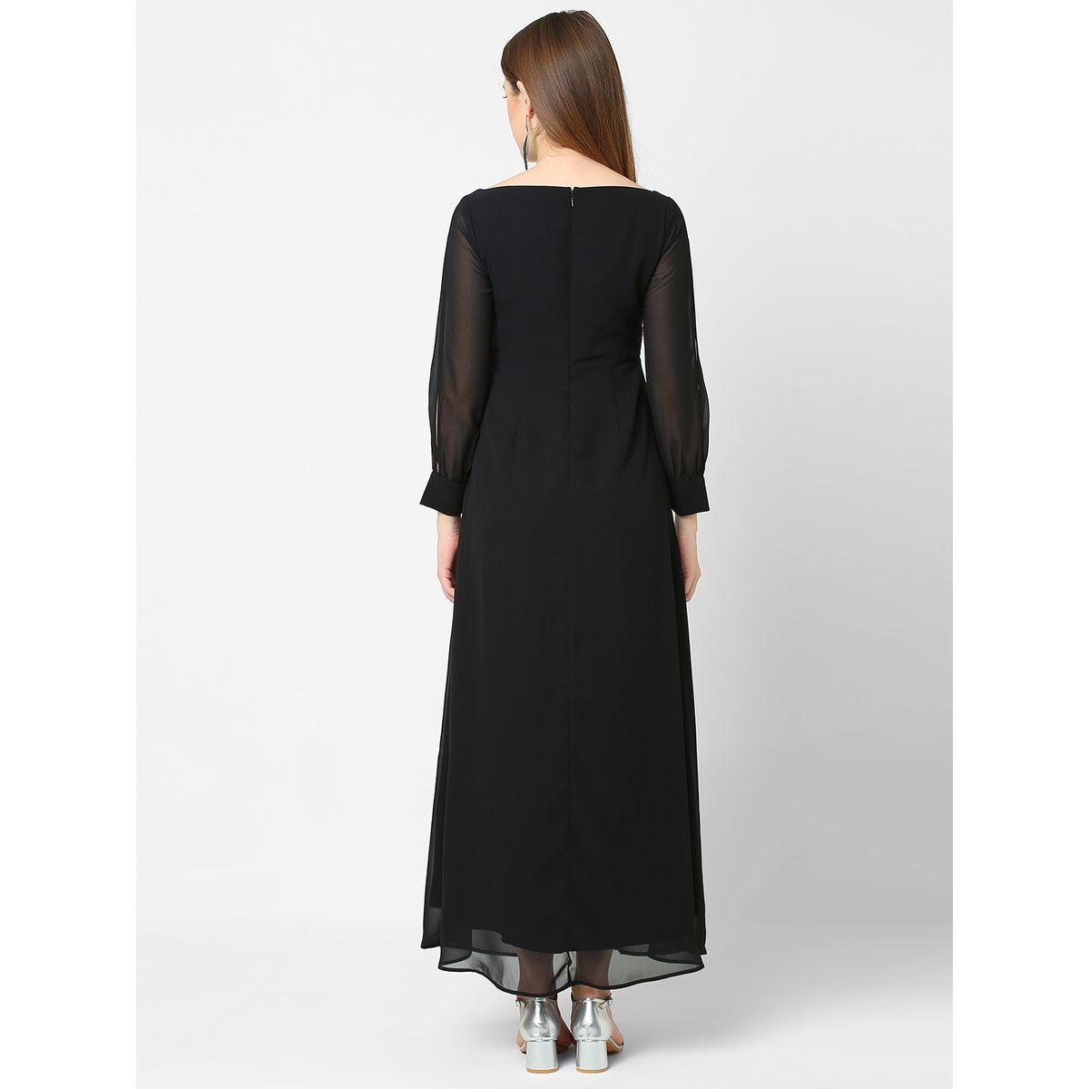 فستان طويل سادة جيورجيت مع اكمام بشق ميش × ستايلي-women-clothing-dresses-image-4