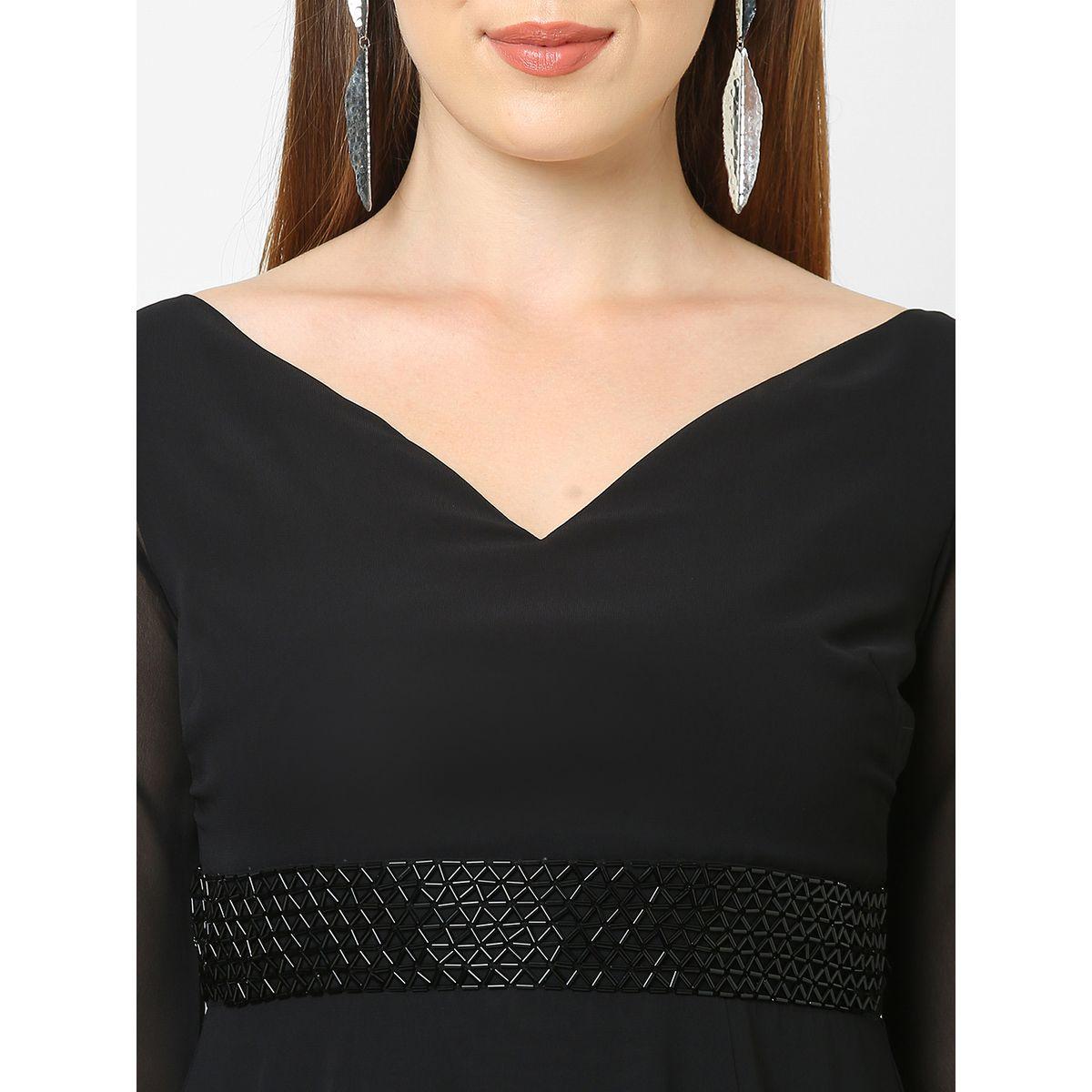 فستان طويل سادة جيورجيت مع اكمام بشق ميش × ستايلي-women-clothing-dresses-image-5
