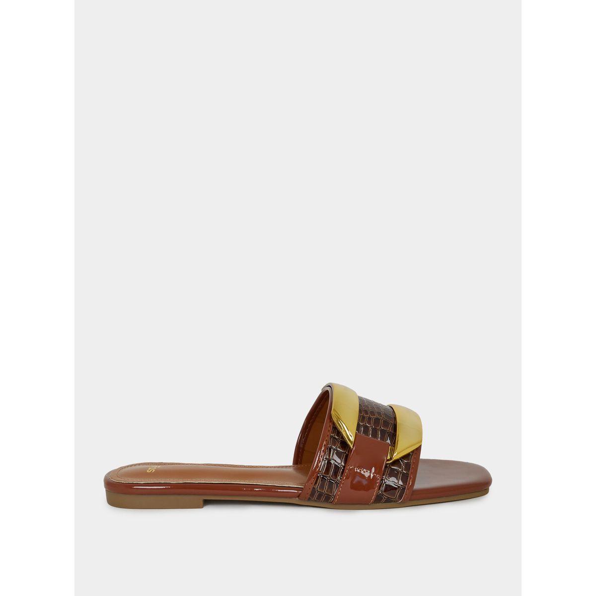 Styli Metallic Trim Accent Flat Sandals-women-shoes-sandals-flats-image-1
