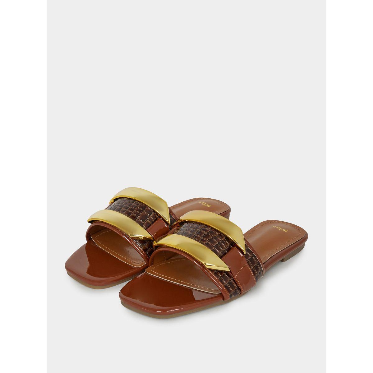 Styli Metallic Trim Accent Flat Sandals-women-shoes-sandals-flats-image-2