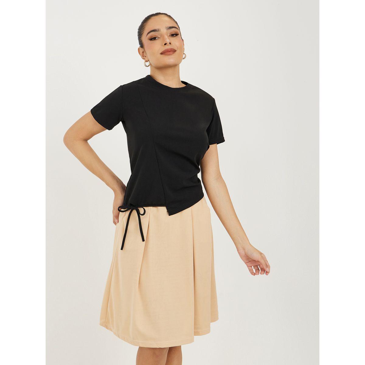 Styli Solid Side Tie Detail T-Shirt & Knee-Length Skirt Co- Ords-women-clothing-coordsets-image-1