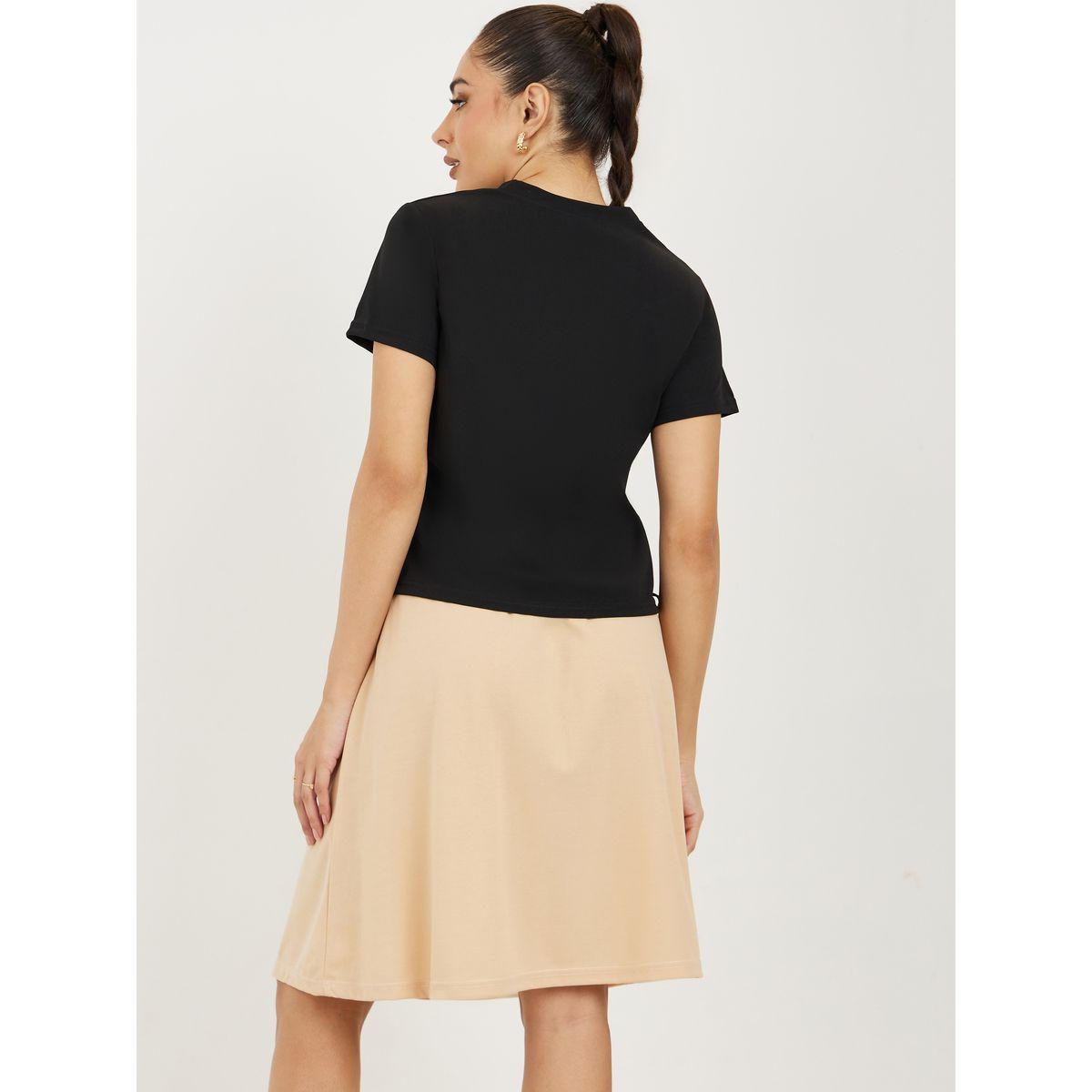Styli Solid Side Tie Detail T-Shirt & Knee-Length Skirt Co- Ords-women-clothing-coordsets-image-6
