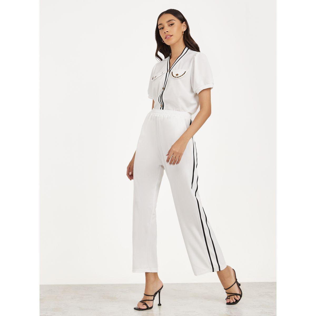 Styli Contrast Trim Detail Shirt & Straight Leg Pants Co-Ords-women-clothing-coordsets-image-1