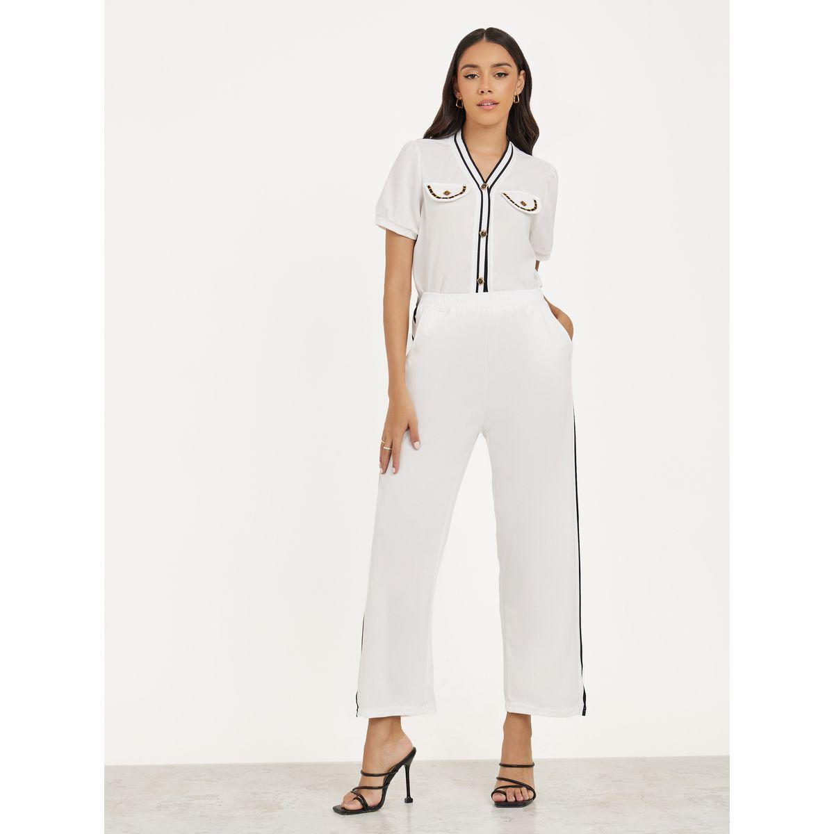 Styli Contrast Trim Detail Shirt & Straight Leg Pants Co-Ords-women-clothing-coordsets-image-2