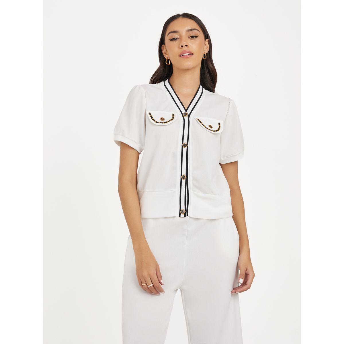 Styli Contrast Trim Detail Shirt & Straight Leg Pants Co-Ords-women-clothing-coordsets-image-3