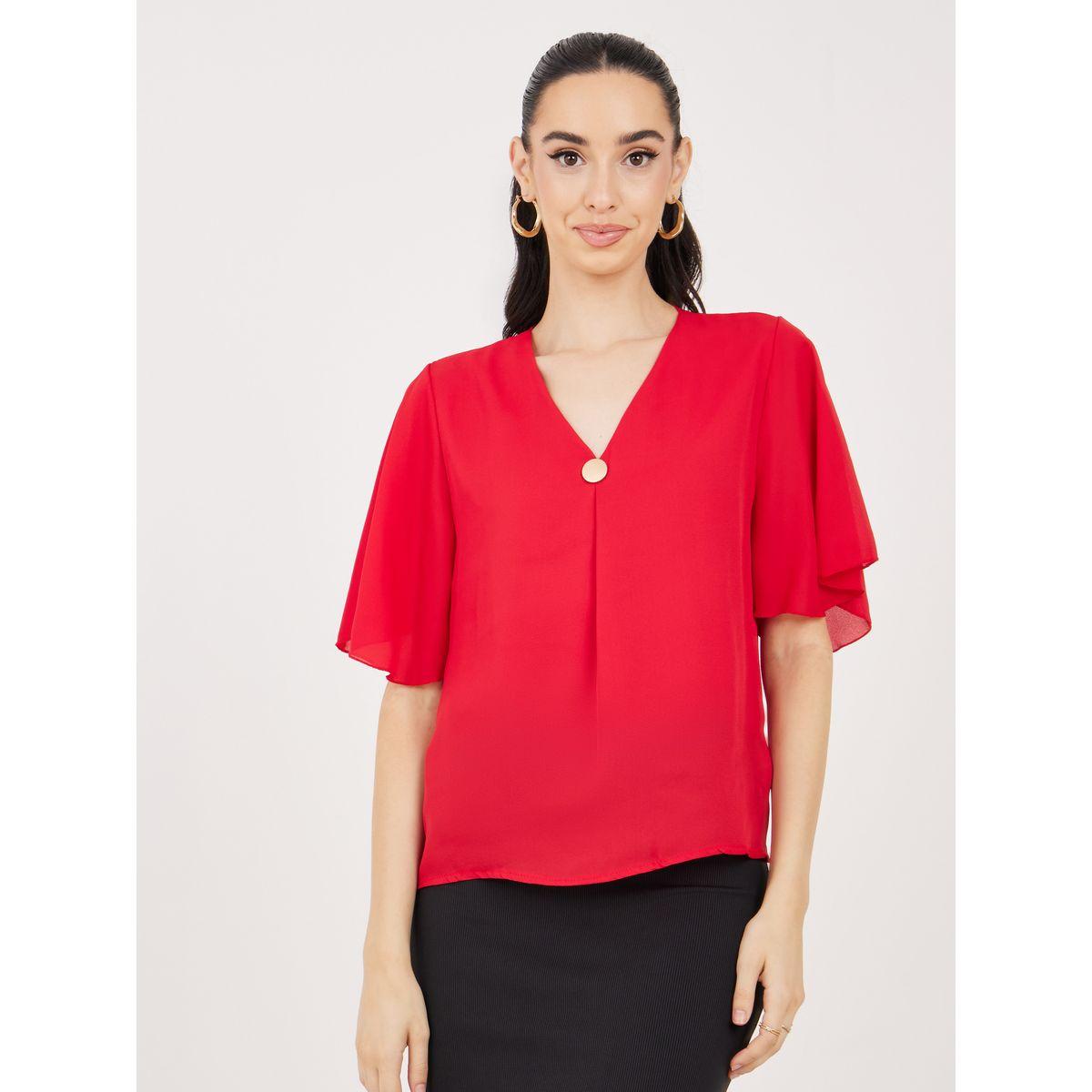 Styli V Neck Solid Blouse with Button Detail-women-clothing-shirtsandblouses-blouses-image-2