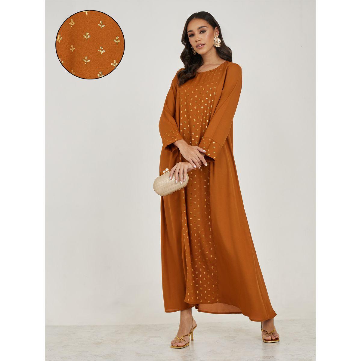 Styli Panel Foil Print Long Sleeves Jalabiya-women-arabicclothing-jalabiyas-image-1