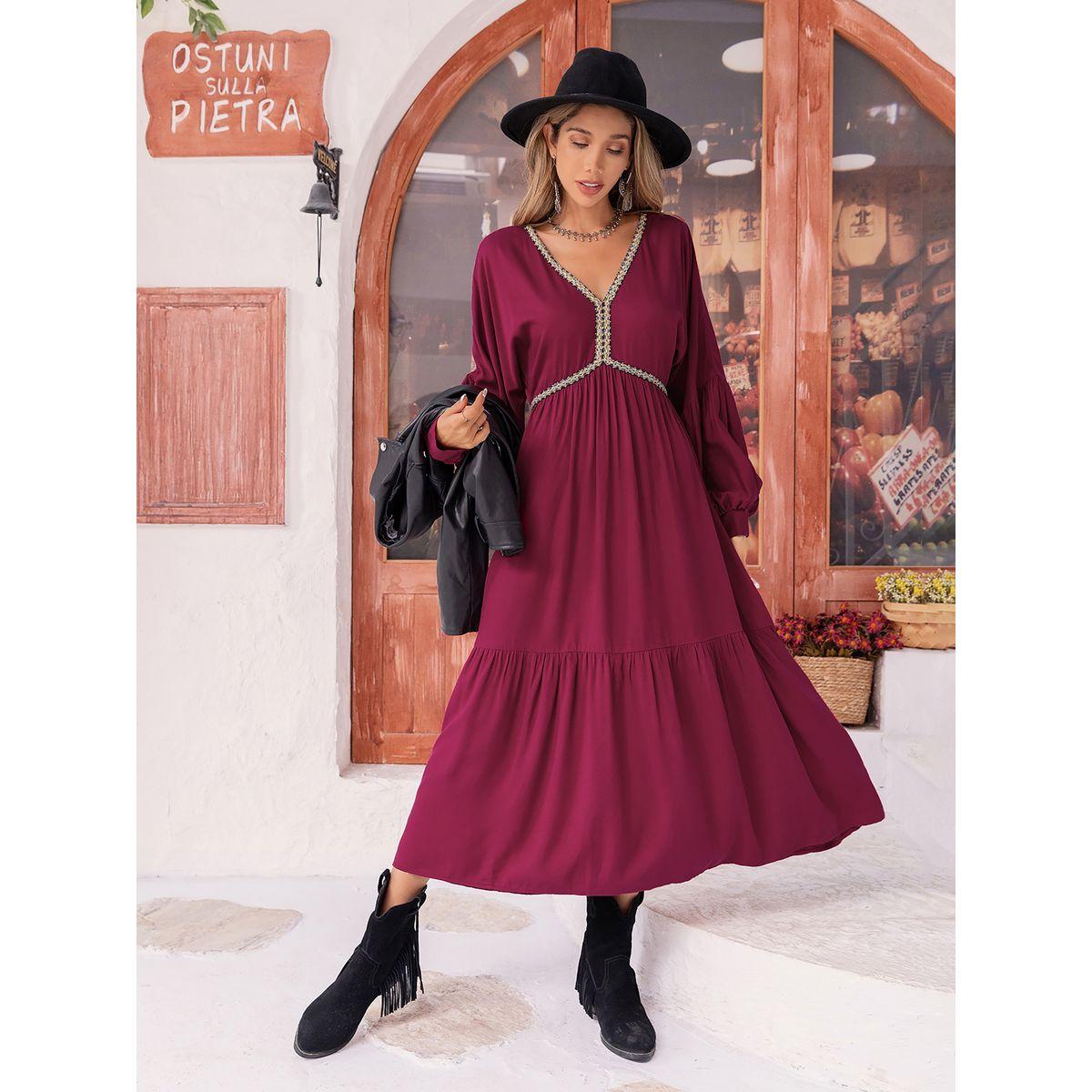 Russty Dustty X Styli Russty Dustty Embroidered Trim V Neck A-Line Midi Dress-women-clothing-dresses-image-3
