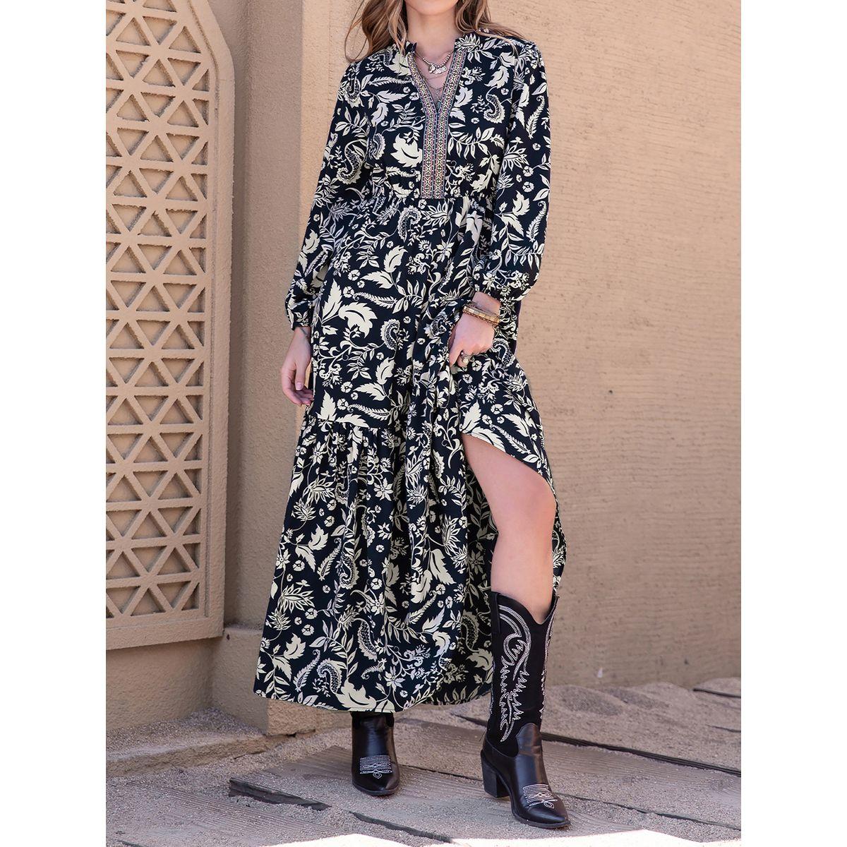 فستان طويل مطبع بالكامل مع حافة واسعة رَستي دَستي × ستايلي-women-clothing-dresses-image-3
