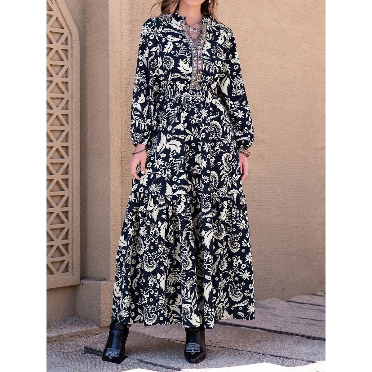 فستان طويل مطبع بالكامل مع حافة واسعة رَستي دَستي × ستايلي-women-clothing-dresses-image-4