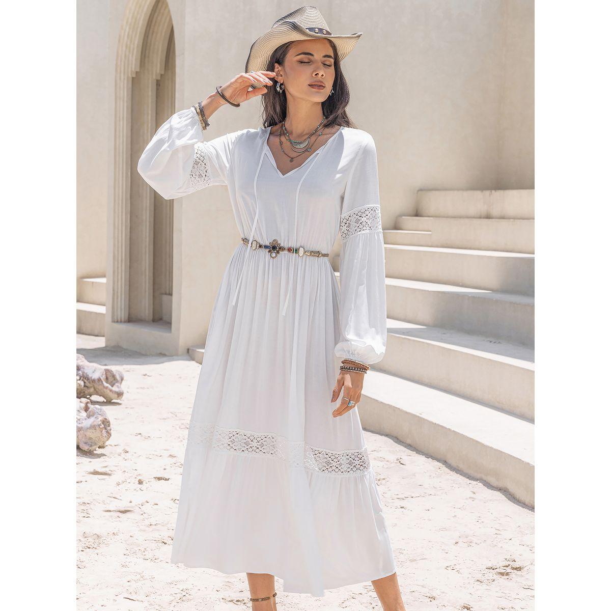 فستان ميدي بكسرات وتفاصيل دانتيل مع اكمام بيشوب رَستي دَستي × ستايلي-women-clothing-dresses-image-5