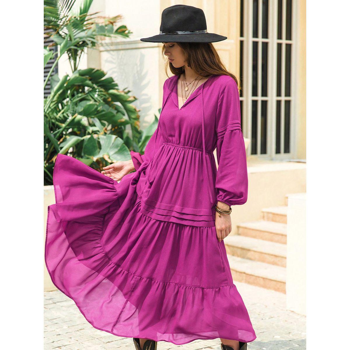 فستان ميدي بكسرات واكمام بيشوب رَستي دَستي × ستايلي-women-clothing-dresses-image-1
