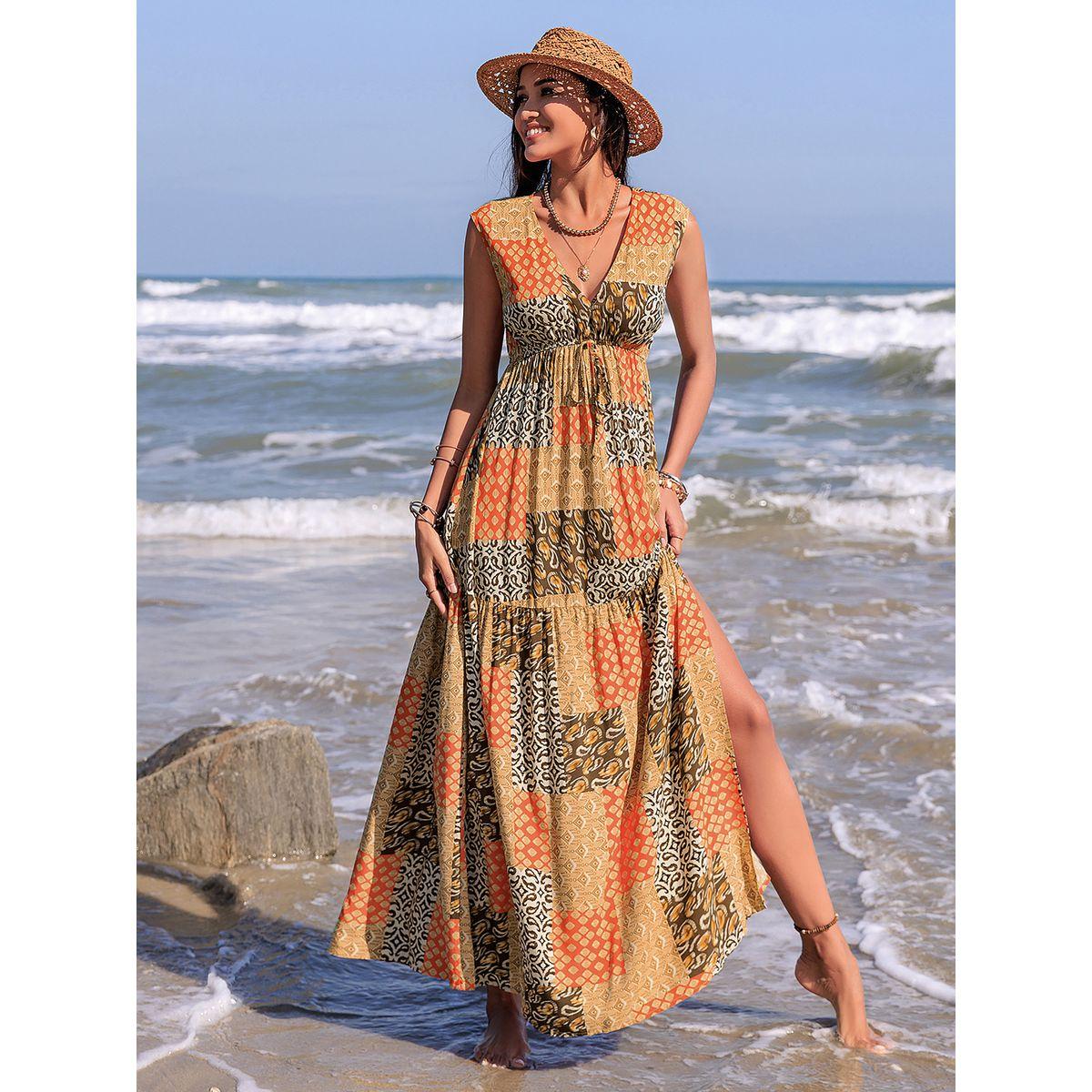فستان طويل بطبعة مرقعة وكسرات مع شق جانبي رَستي دَستي × ستايلي-women-clothing-dresses-image-2