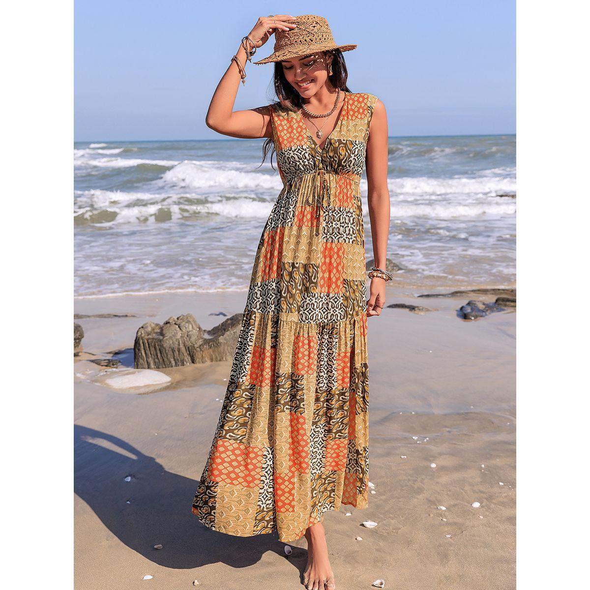 فستان طويل بطبعة مرقعة وكسرات مع شق جانبي رَستي دَستي × ستايلي-women-clothing-dresses-image-5