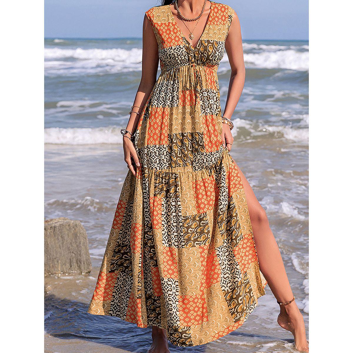 فستان طويل بطبعة مرقعة وكسرات مع شق جانبي رَستي دَستي × ستايلي-women-clothing-dresses-image-9