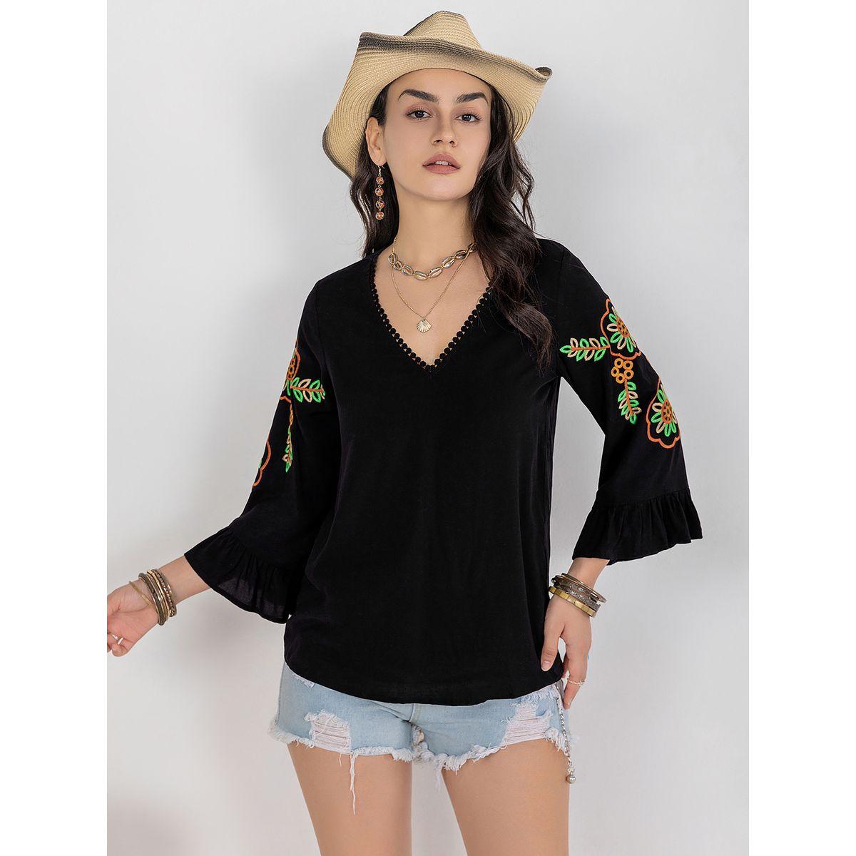 Russty Dustty X Styli Russty Dustty Embroidered V Neck Blouse with Bell Sleeves-women-clothing-shirtsandblouses-blouses-image-1