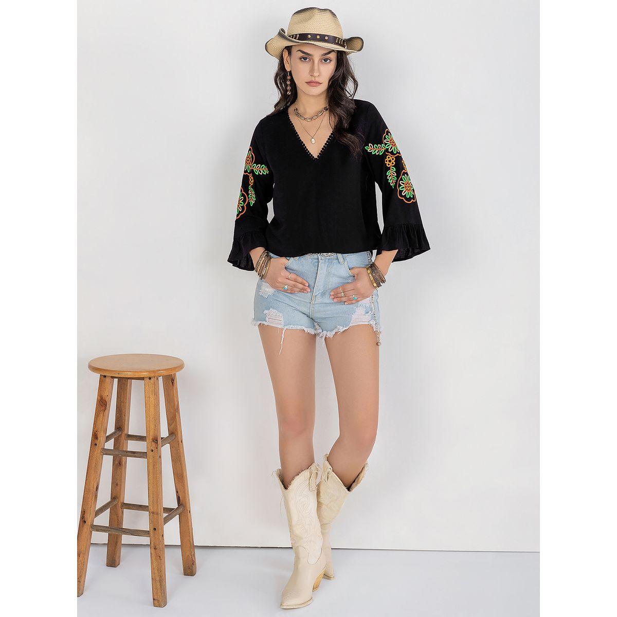 Russty Dustty X Styli Russty Dustty Embroidered V Neck Blouse with Bell Sleeves-women-clothing-shirtsandblouses-blouses-image-2