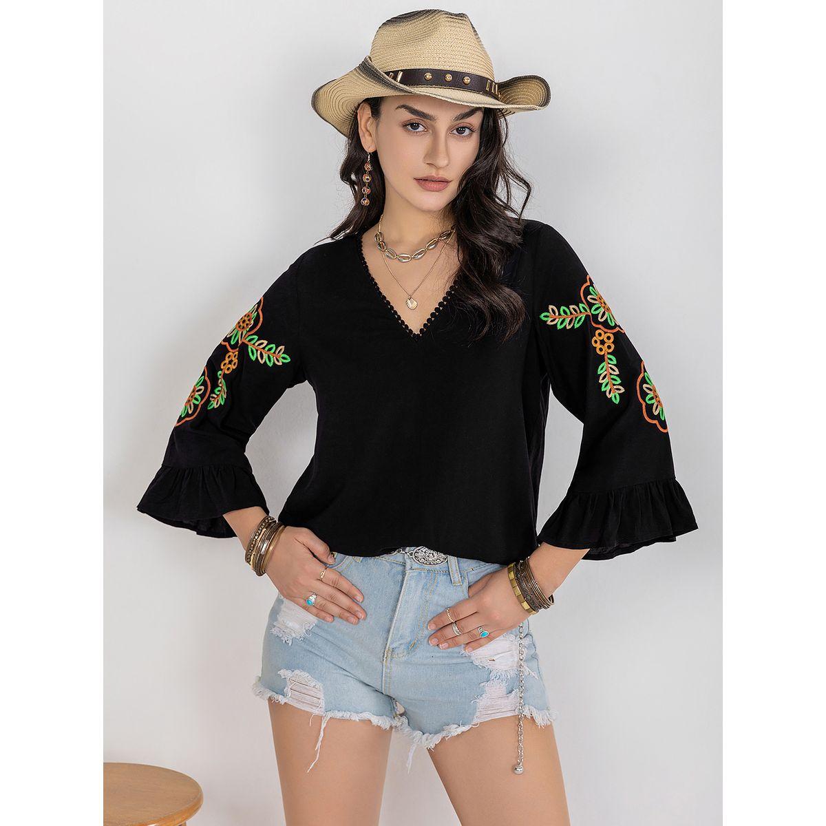 Russty Dustty X Styli Russty Dustty Embroidered V Neck Blouse with Bell Sleeves-women-clothing-shirtsandblouses-blouses-image-3