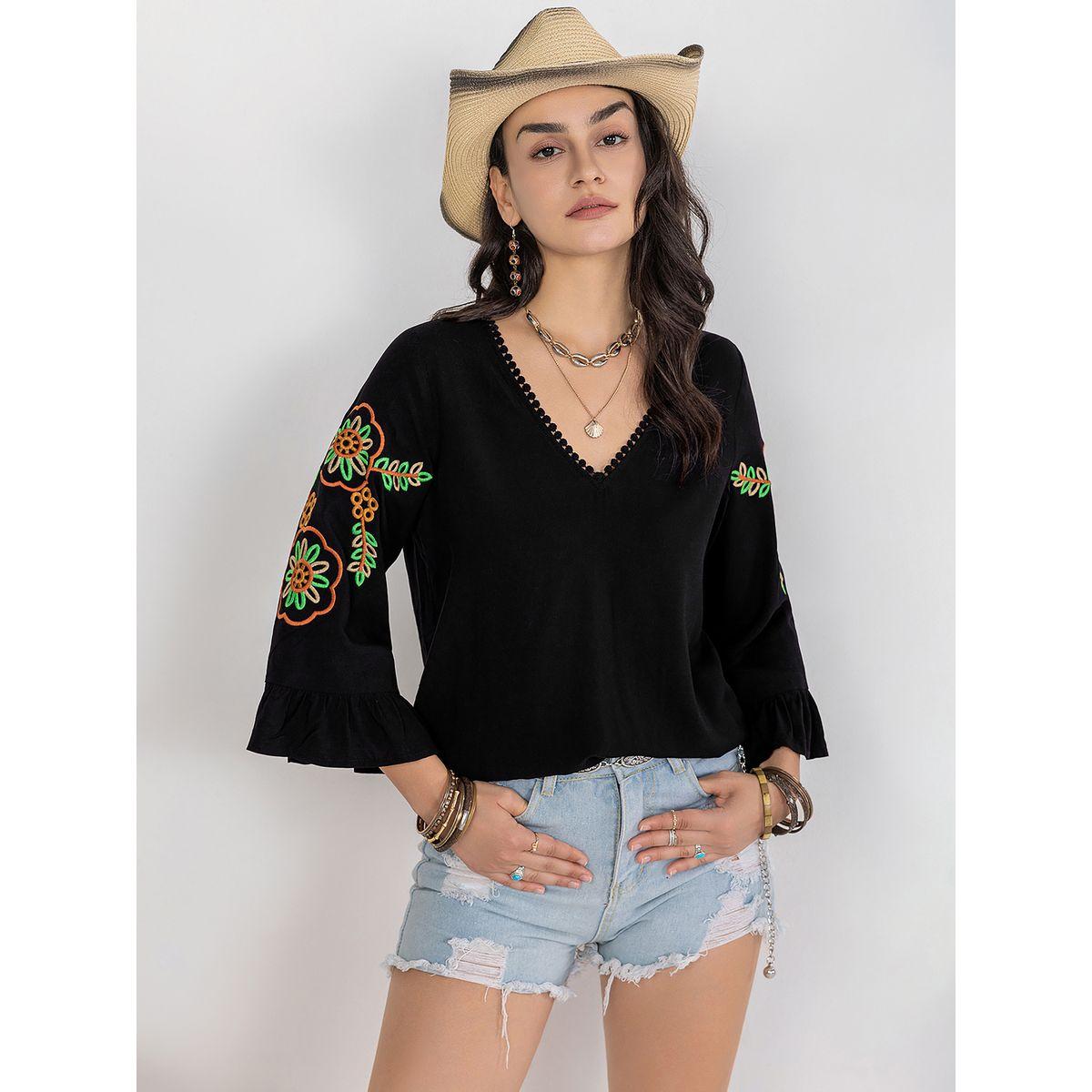 Russty Dustty X Styli Russty Dustty Embroidered V Neck Blouse with Bell Sleeves-women-clothing-shirtsandblouses-blouses-image-4