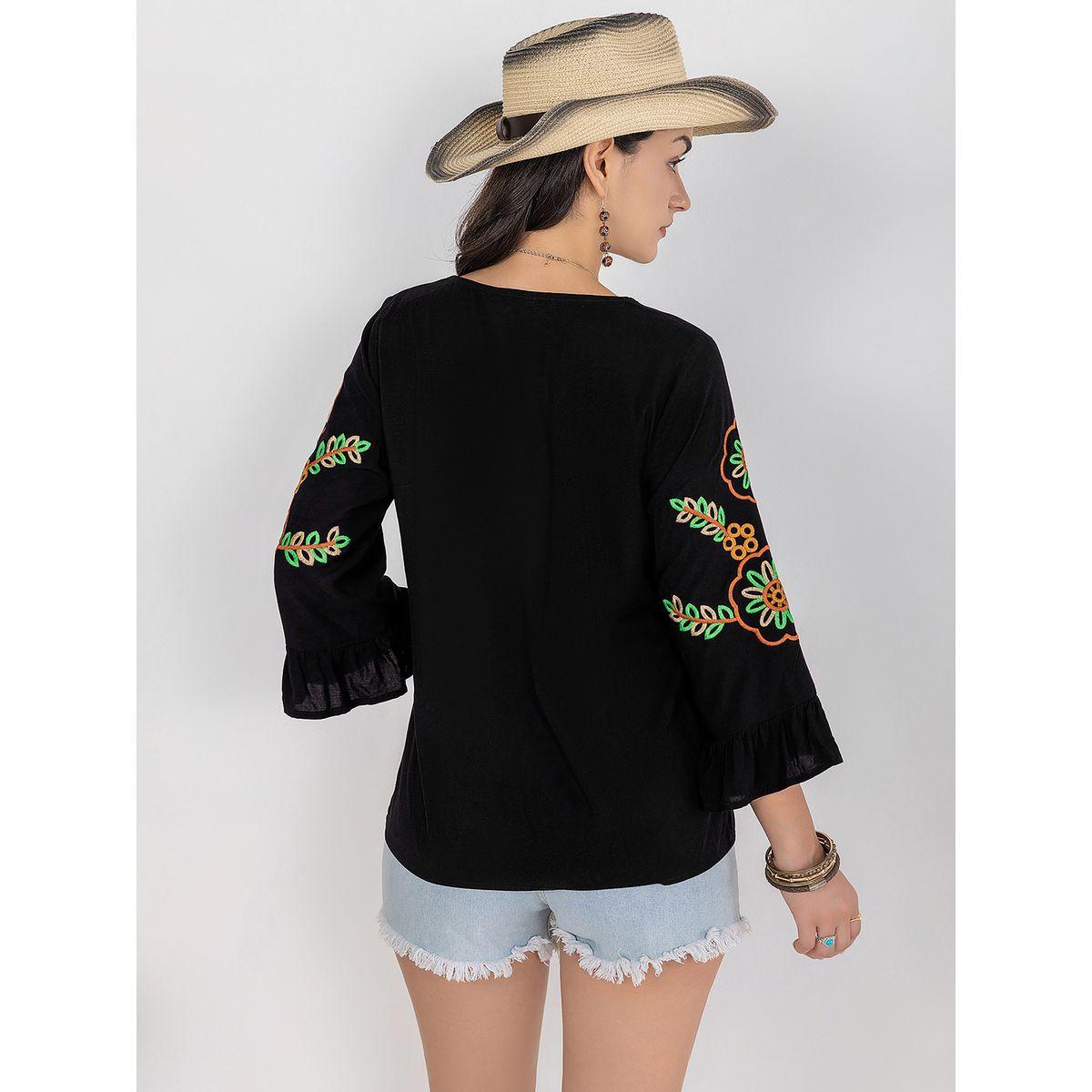 Russty Dustty X Styli Russty Dustty Embroidered V Neck Blouse with Bell Sleeves-women-clothing-shirtsandblouses-blouses-image-5