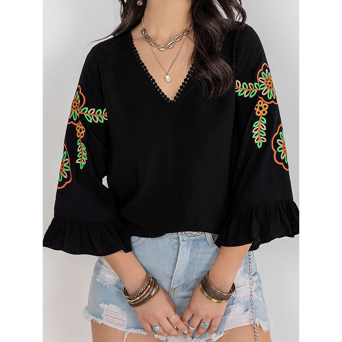 Russty Dustty X Styli Russty Dustty Embroidered V Neck Blouse with Bell Sleeves-women-clothing-shirtsandblouses-blouses-image-6