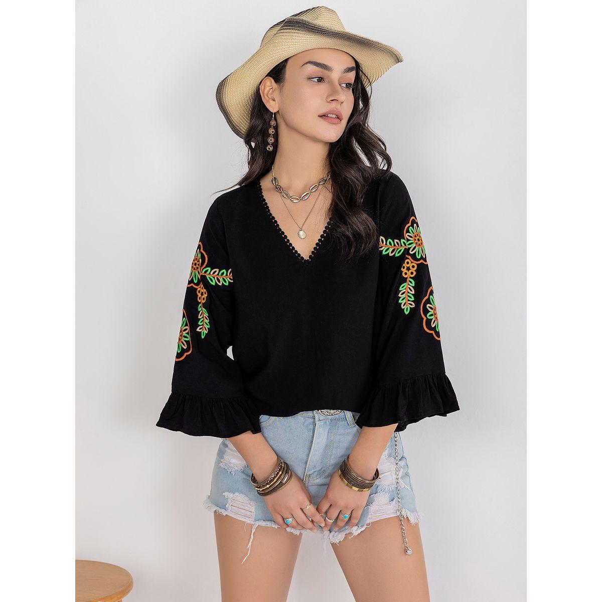 Russty Dustty X Styli Russty Dustty Embroidered V Neck Blouse with Bell Sleeves-women-clothing-shirtsandblouses-blouses-image-7